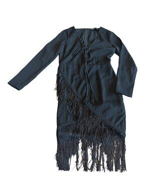 Michael Costello x Revolve Black Fringe Dress Long Sleeve Fitted Size Small